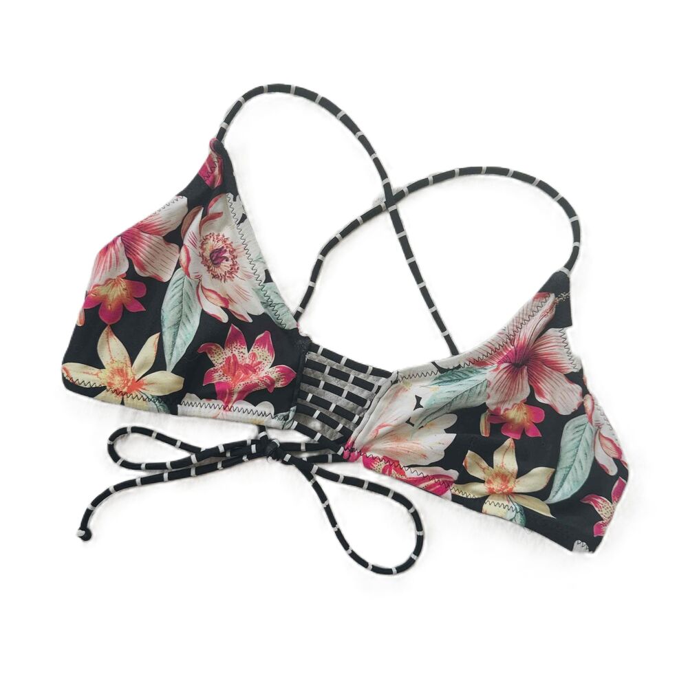 Ripcurl Strappy Back Floral Reversible Stripes Black Bikini Top XS